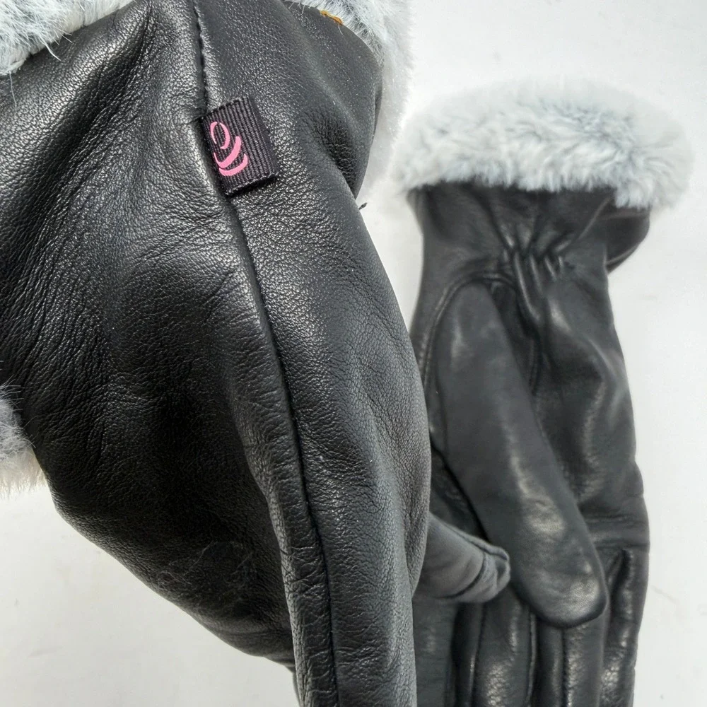 Echo Leather Gloves Womens L Black Excellent Faux Fur Cuff Touchscreen LH5